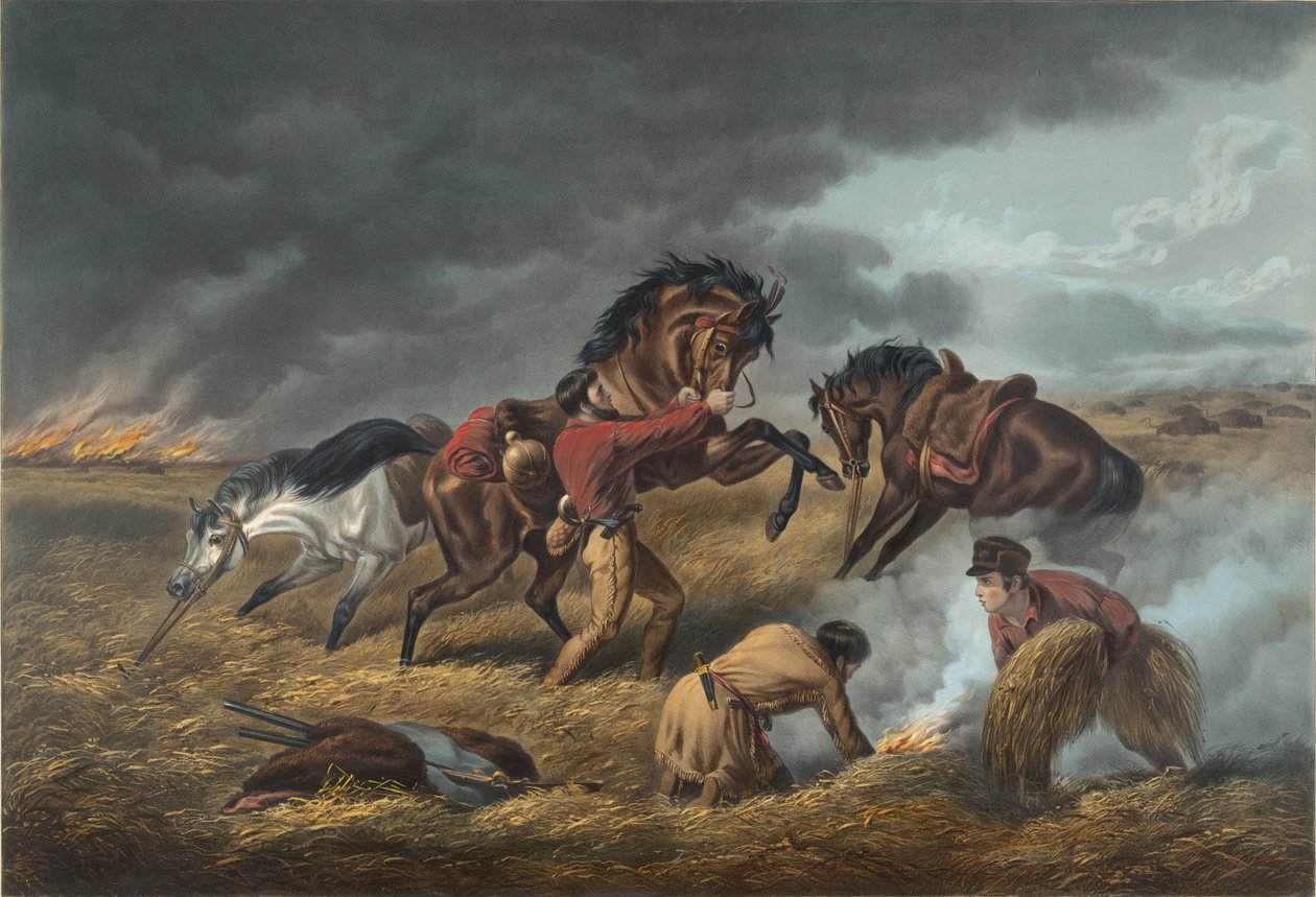 Life on the Prairie: The Trappers -puolustus, "Fire fight Fire, 1862 tekijältä N. and Ives, J.M. Currier