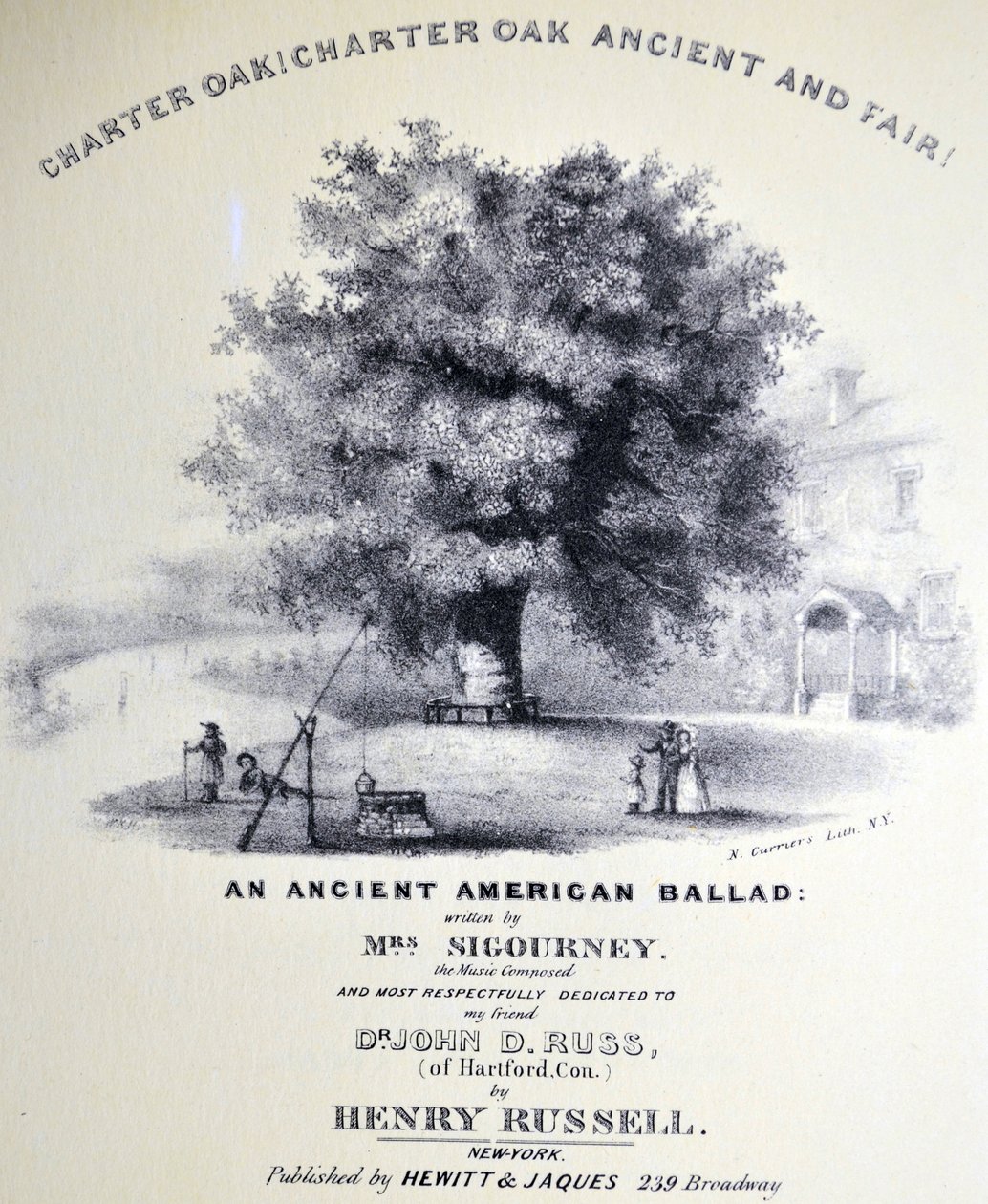 Currier & Ives -kuvitus 1800-luvulta. Charter Oak! Charter Oak Vanha ja oikeudenmukainen tekijältä N. and Ives, J.M. Currier