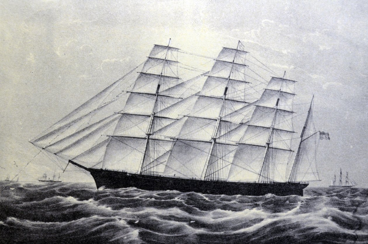 Currier & Ives -kuvitus 1800-luvulta. Clipper-laiva Suuri tasavalta tekijältä N. and Ives, J.M. Currier