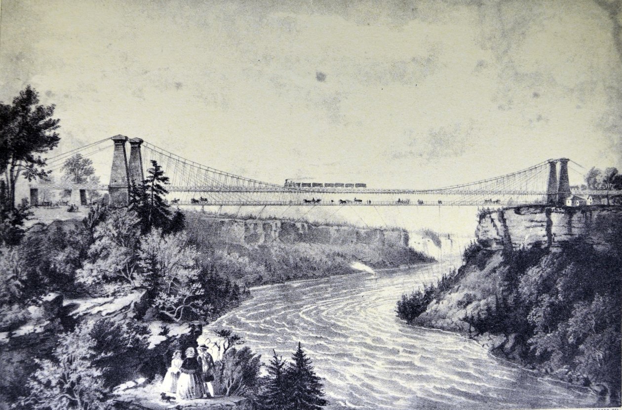 Currier & Ives -kuvitus 1800-luvulta. Rautatien riippusilta, lähellä Niagaran putouksia. tekijältä N. and Ives, J.M. Currier
