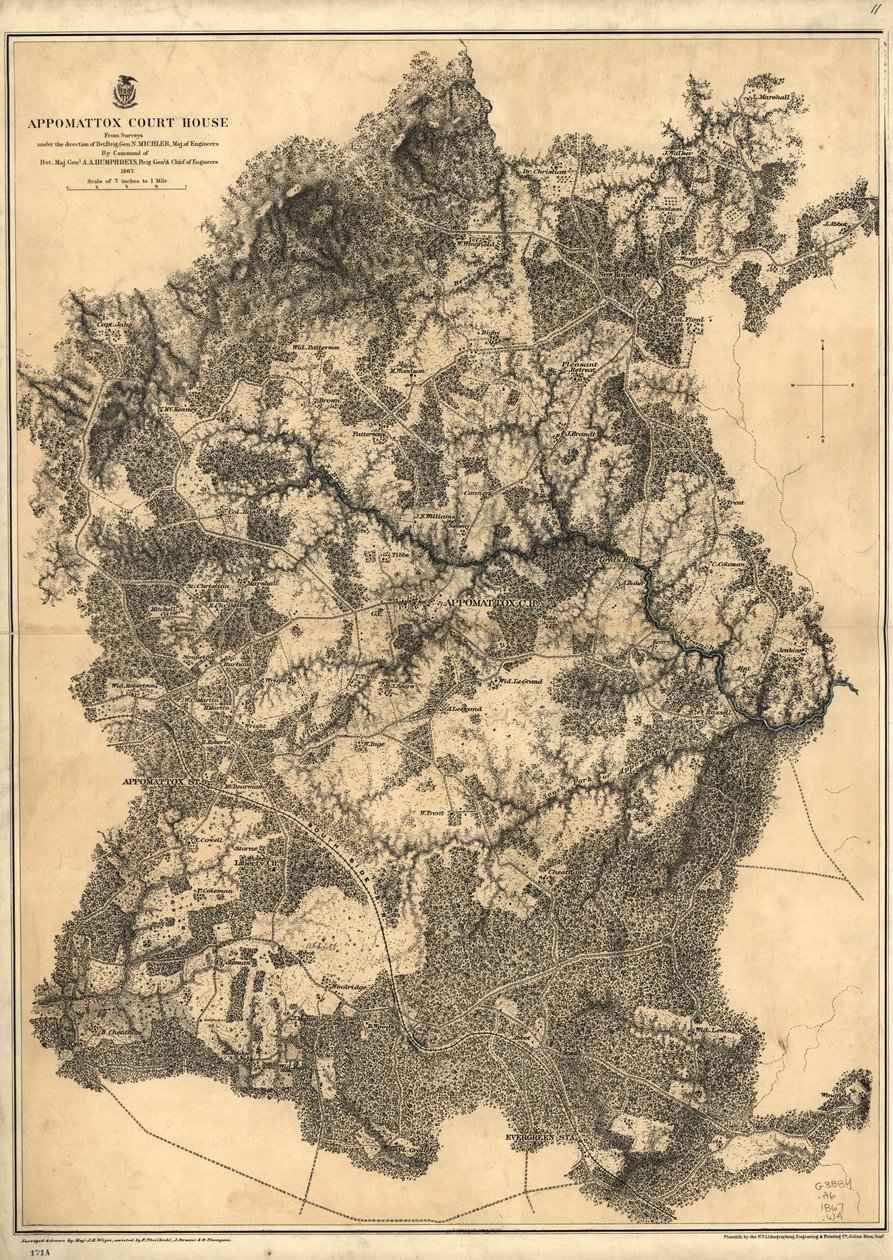 Appomattoxin oikeustalo. [1865] tekijältä N. Michler