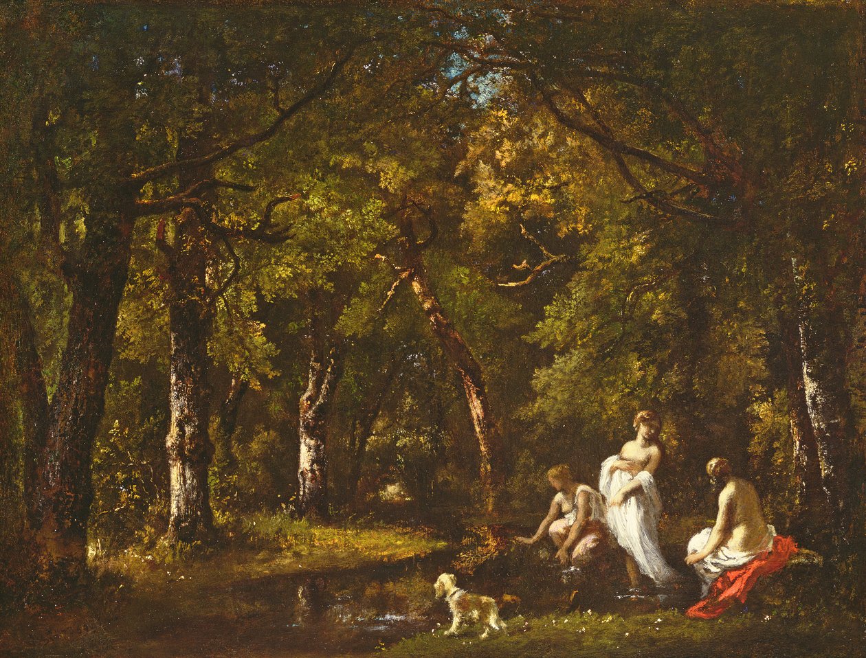 Kylpylät Woodland Streamin varrella, 1859 (öljy liimalla vuoratulle kankaalle) tekijältä Narcisse Virgile Diaz de la Peña