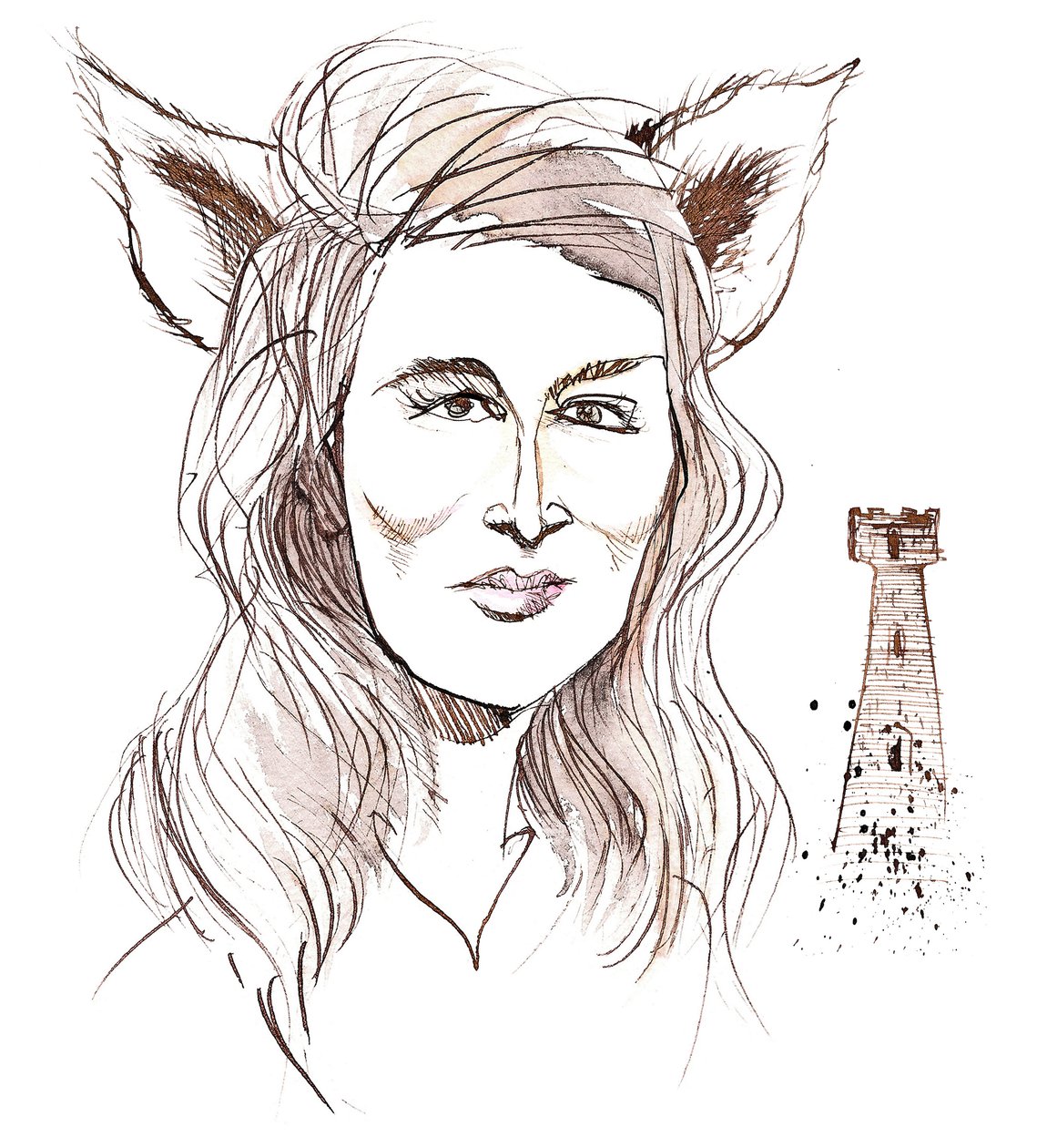 Angela Carter, englantilainen kirjailija ja toimittaja; karikatyyri sudenkorvilla viitaten hänen tarinaansa The Company of Wolves kirjasta The Bloody Chamber (1979) tekijältä Neale Osborne