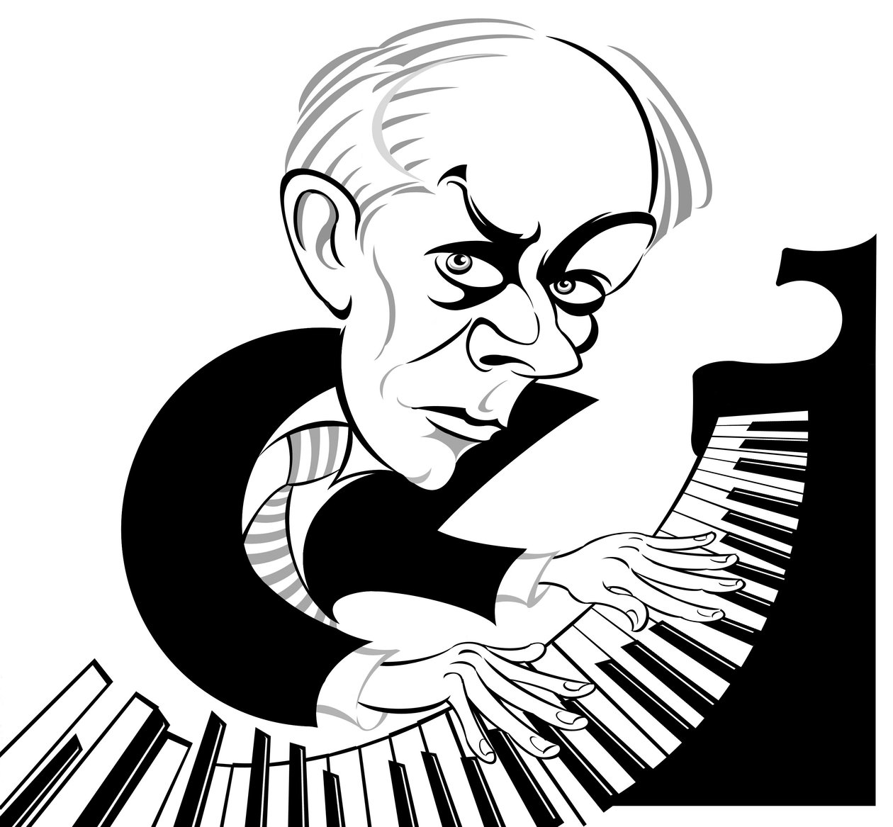 Bela Bartok unkarilainen säveltäjä ja pianisti (1881 - 1945); mustavalkoinen karikatyyri pianon ääressä tekijältä Neale Osborne