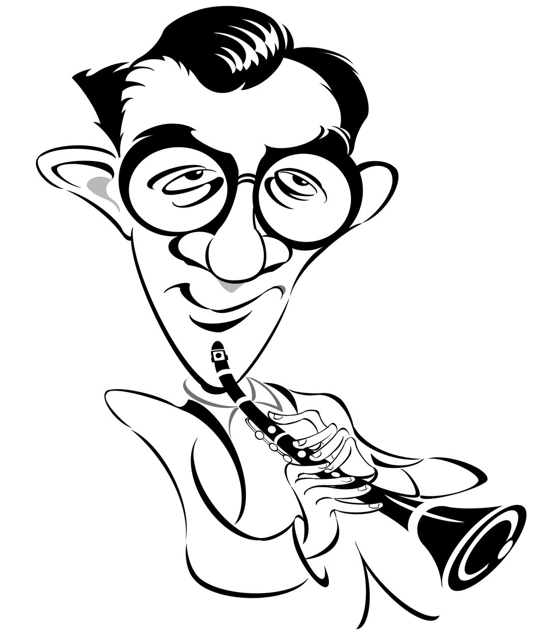Benny Goodman - yhdysvaltalainen jazz- ja swing-muusikko, klarinetisti ja bändinjohtaja, joka tunnetaan nimellä The King of Swing (1909 - 1986); karikatyyri tekijältä Neale Osborne