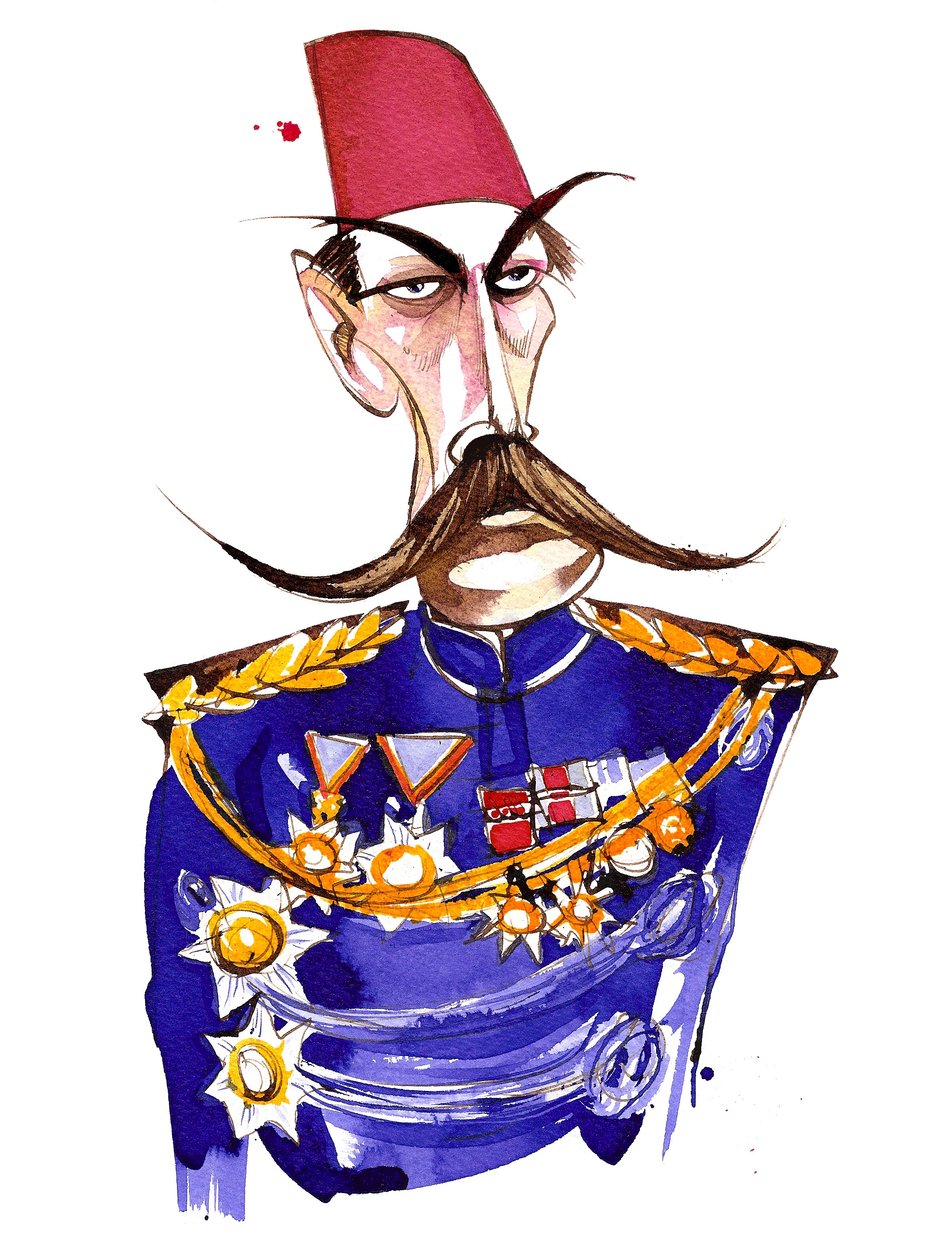 Irlantilaissyntyinen brittiläinen kenttämarsalkka, ensimmäinen jaarli Kitchener, värillinen karikatyyri univormussa ja fezissä tekijältä Neale Osborne