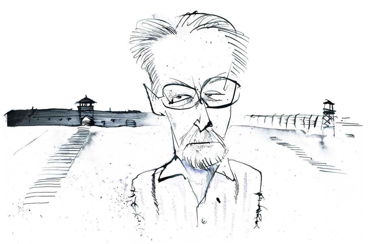 Italialainen kirjailija, runoilija ja kemisti Primo Levi (1919-87); karikatyyri. tekijältä Neale Osborne