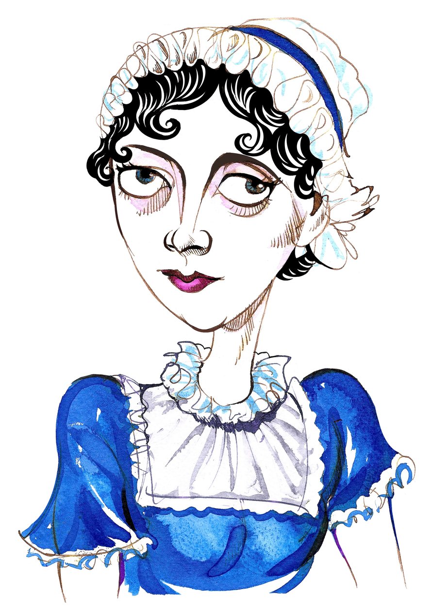 Jane Austen, englantilainen kirjailija, (1775-1817) karikatyyri tekijältä Neale Osborne