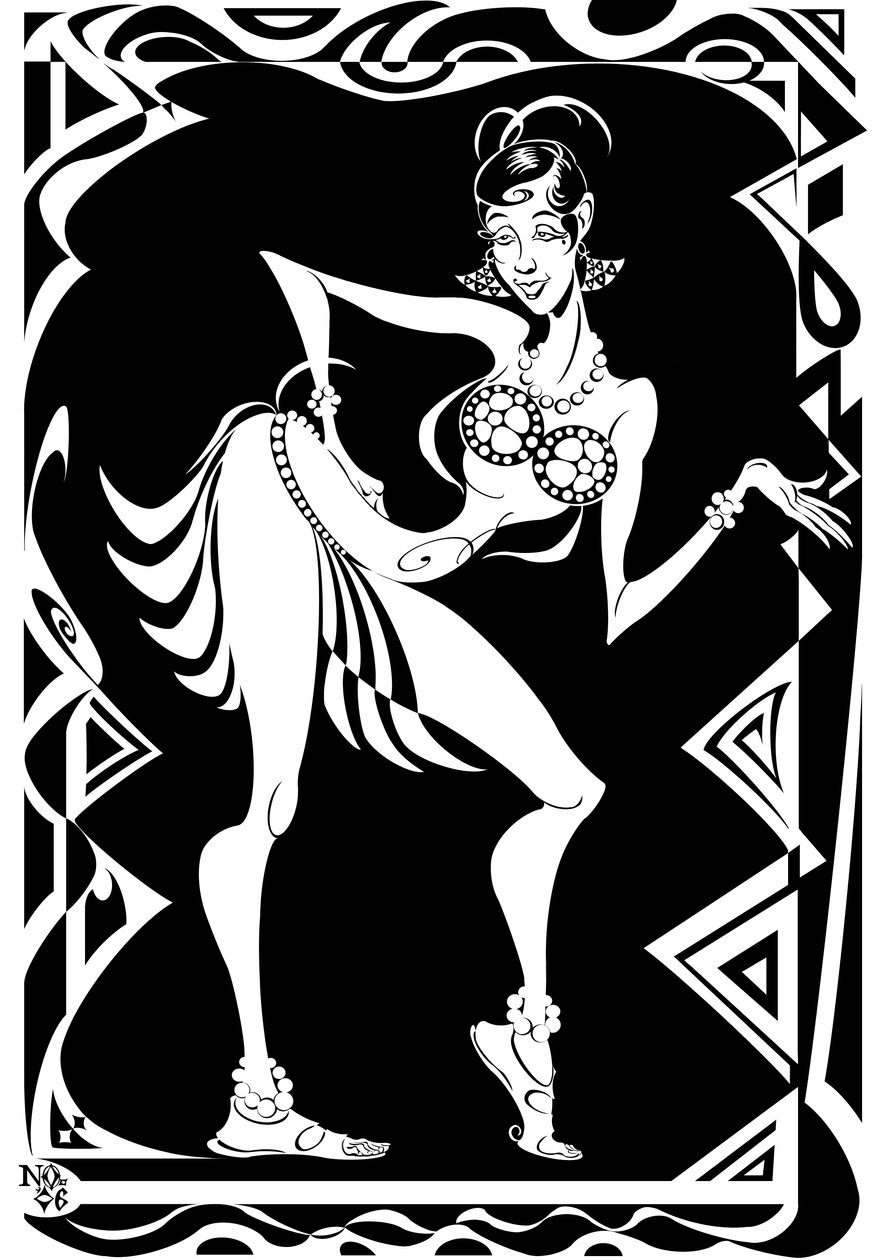 Josephine Baker, yhdysvaltalainen tanssija ja laulaja (1906-75), bw-karikatyyri siksak-reunuksella, 2006, Neale Osborne tekijältä Neale Osborne