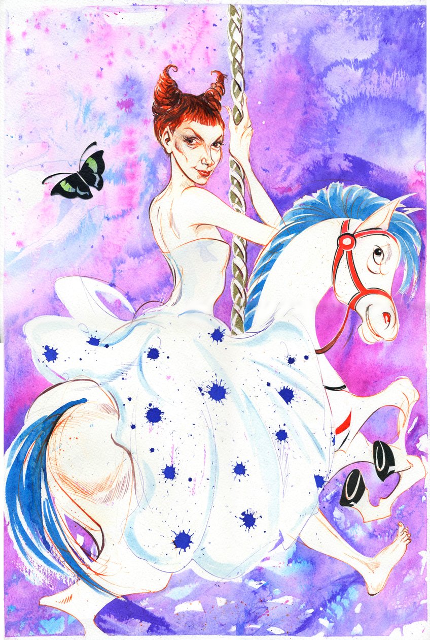 Patricia Petibon - karikatyyri ranskalaisesta oopperalaulajasta (sopraano) karusellihevosella tekijältä Neale Osborne