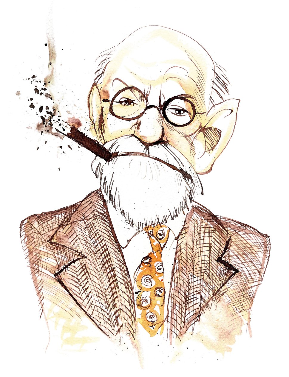 Sigmund Freud itävaltalainen neurologi ja psykoterapeutti, syntyperäinen tsekkiläinen (1856-1939); karikatyyri. tekijältä Neale Osborne