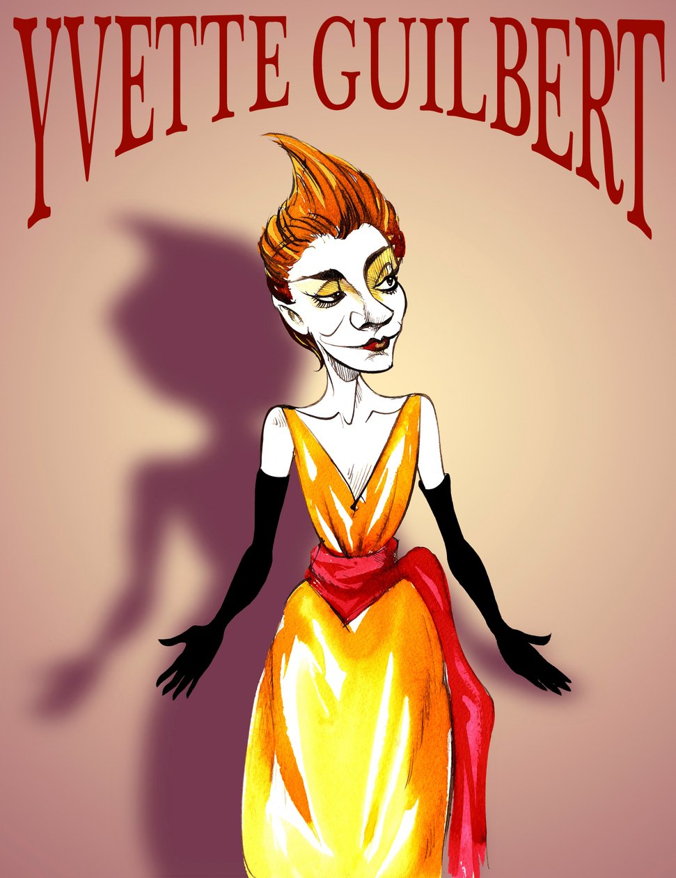 Yvette Guilbert, ranskalainen näyttelijä ja kabareelaulaja, (1867 - 1944) karikatyyri, jossa on kauniin aikakauden julisteen tyyliin tehty kirjoitus. tekijältä Neale Osborne