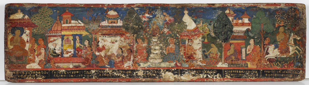 Buddhalainen käsikirjoituksen kansi (läpinäkymätön wc puulla) tekijältä Nepalese School