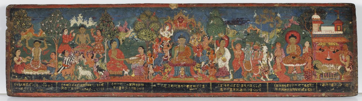 Buddhalainen käsikirjoituksen kansi (läpinäkymätön wc puulla) tekijältä Nepalese School