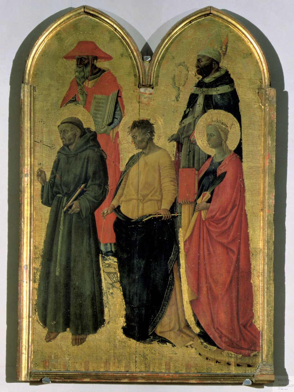 Pyhä Fransiskus, pyhä Hieronymus, pyhä Filippus, pyhä Katariina ja piispan pyhimys, noin 1444 (tempera paneelille). tekijältä Neri di Bicci
