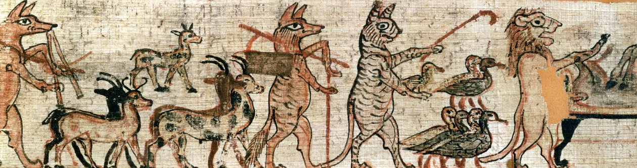 Satiirinen papyrus, yksityiskohta oikealta puolelta hanhia paimentavasta kissasta ja aasin muumioivasta leijonasta, Thebasta, noin 1100 eKr. (katso myös 85721) tekijältä New Kingdom Egyptian