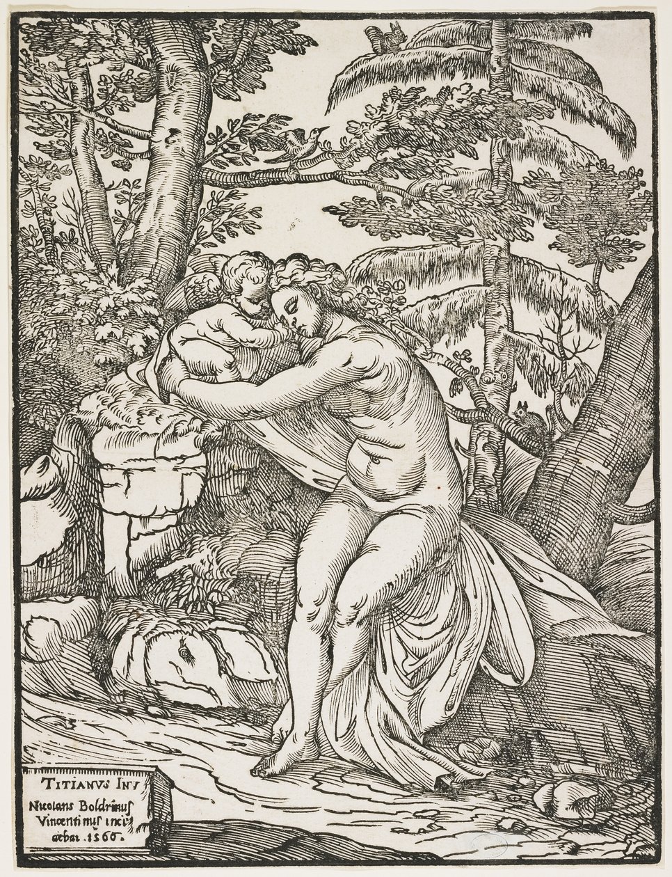 Venus ja Cupid, 1566 (chiaroscuro-puupiirros, vain avainkappale) tekijältä Nicolò Boldrini