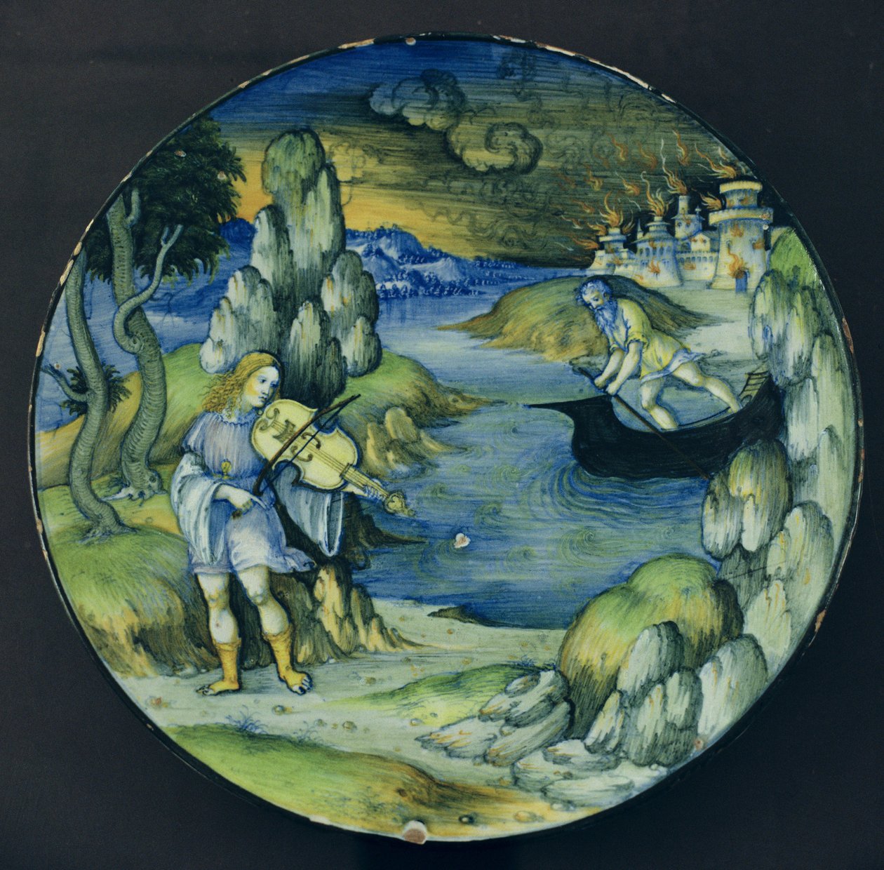 Orfeus ja Charon, Maiolikalevy, noin 1515 (keramiikka) tekijältä Nicolò Pellipario