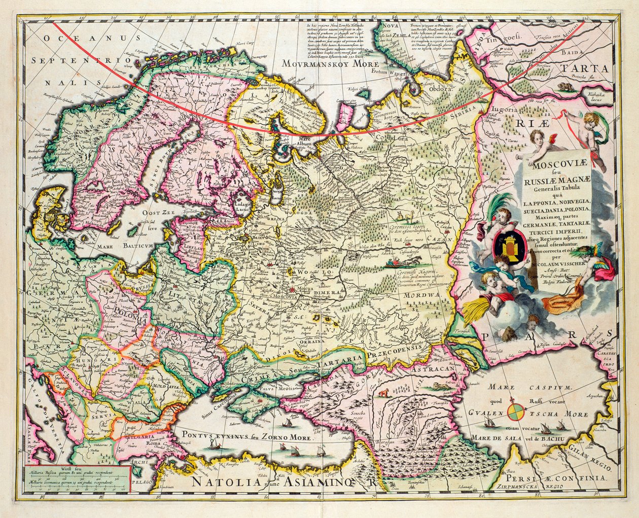 Vähä-Aasian kartta, jossa näkyy Norja, Ruotsi, Tanska, Lappi, Puola, Turkki, Venäjä ja Moskovan alue, n. 1626 (käsinvärinen levykaiverrus) tekijältä Nicolaes Jansz Visscher