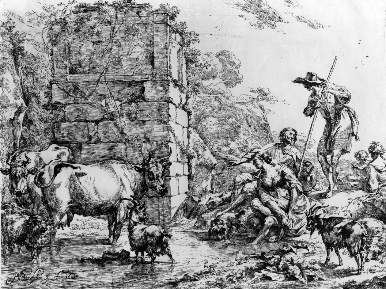 Lehmät ja vuohet juomassa lampi tekijältä Nicolaes Pietersz. Berchem