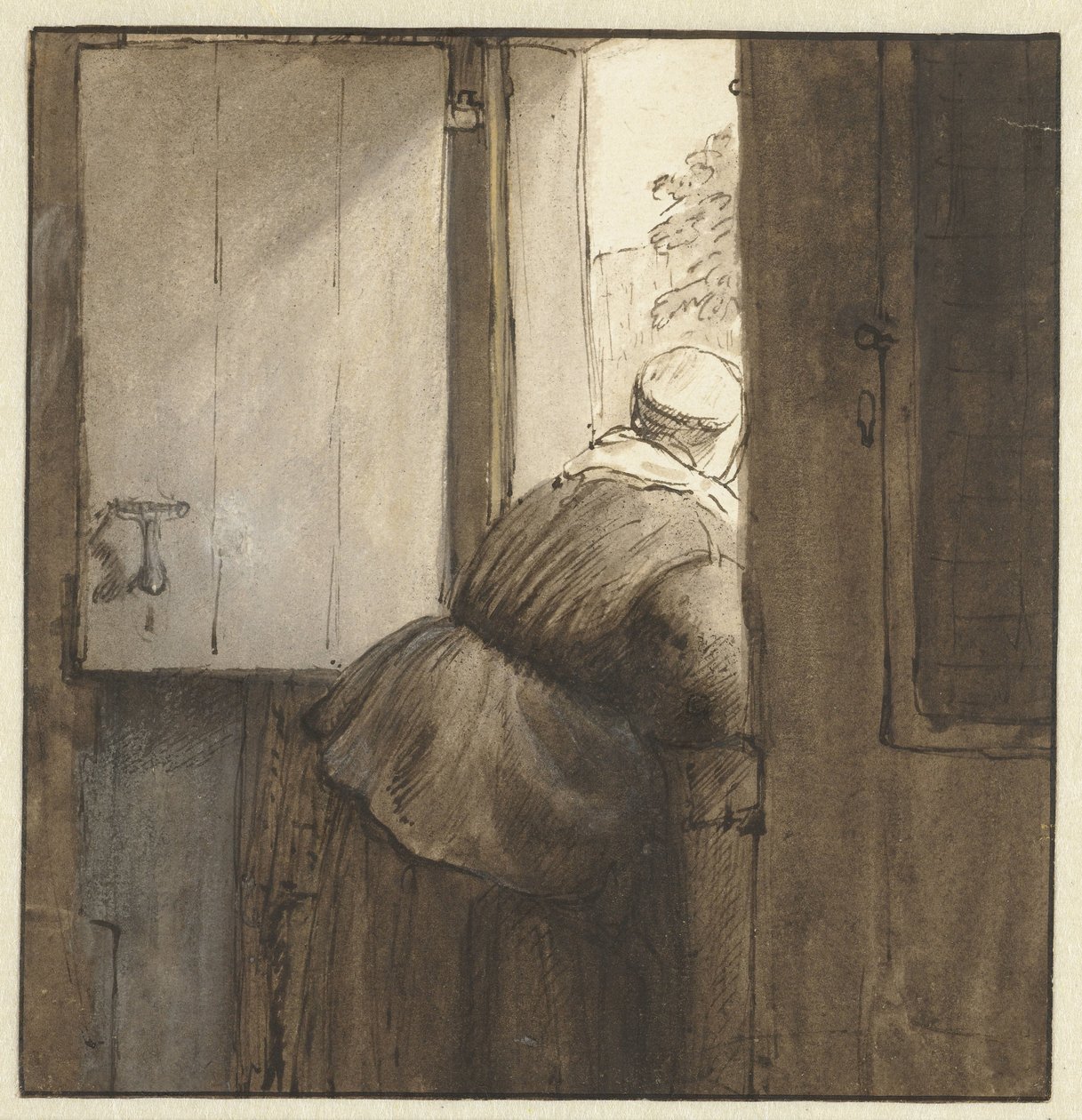 Nainen kumartui oven alle tekijältä Nicolaes Maes (possibly)