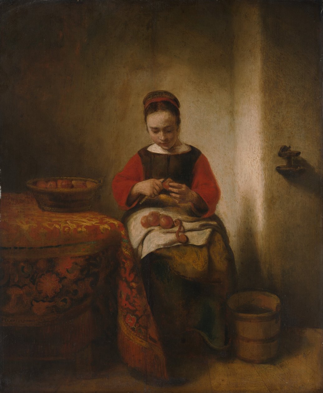 Nuori nainen kuorii omenoita, n. 1655. tekijältä Nicolaes Maes