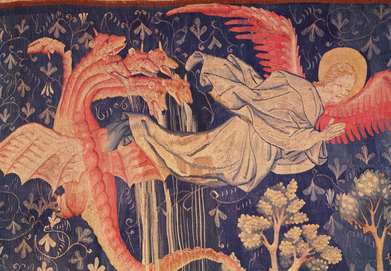 Lohikäärme jahtaa naista, yksityiskohta vettä sylkevästä lohikäärmeestä, Angersin Apocalypse Tapestry, 1373-87 kuvakudos tekijältä Nicolas Bataille