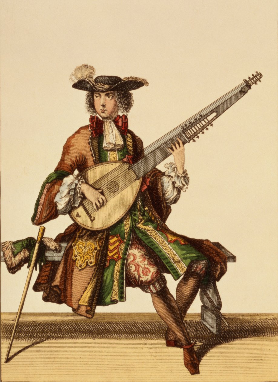 Gentleman Playing the Angelica, muotilevy, n. 1695 tekijältä Nicolas Bonnart
