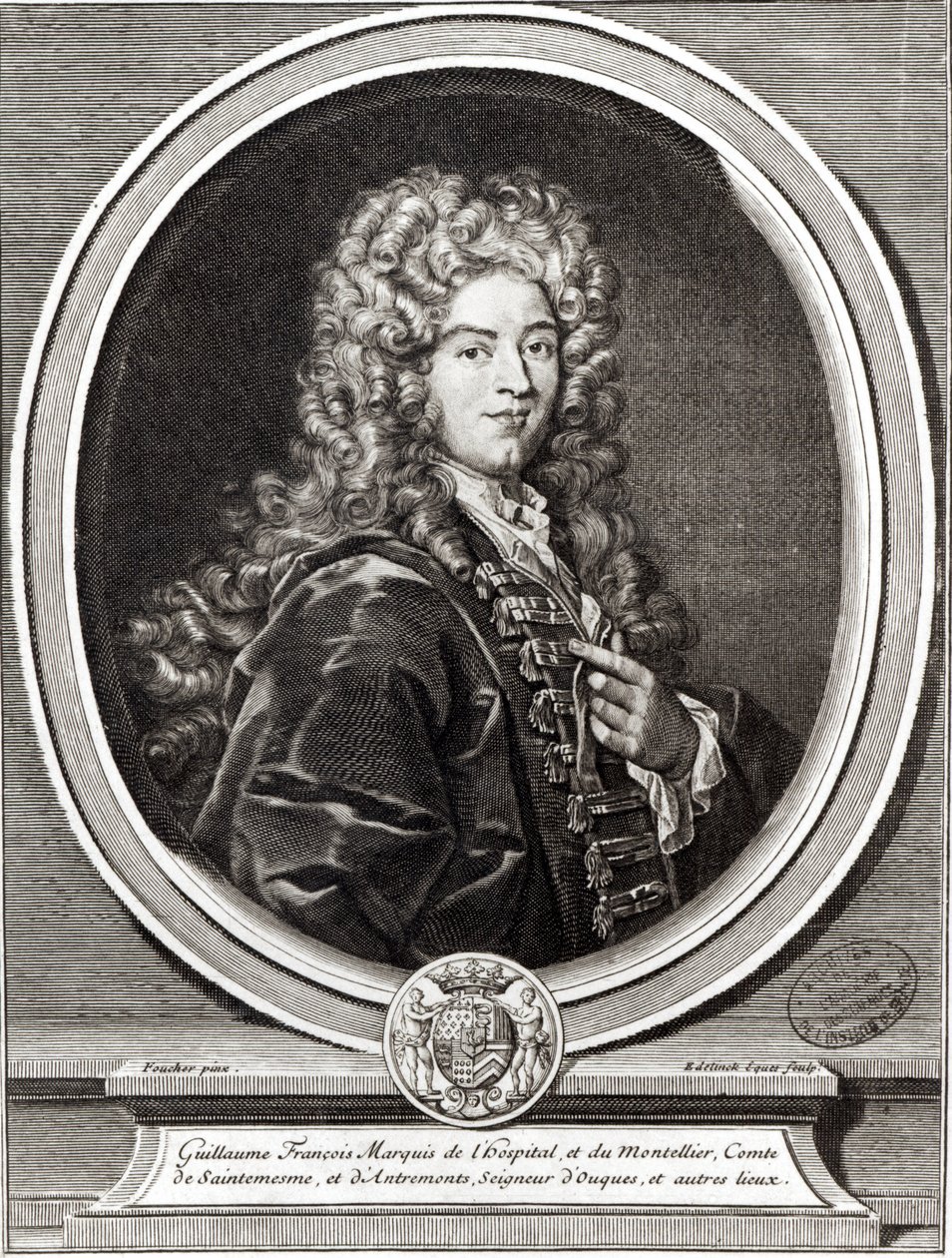 Muotokuva Guillaume de LHospitalista (1661-1704), kaiverrettu Gerard Edelinck (1640-1707) (bw kuva) tekijältä Nicolas Foucher