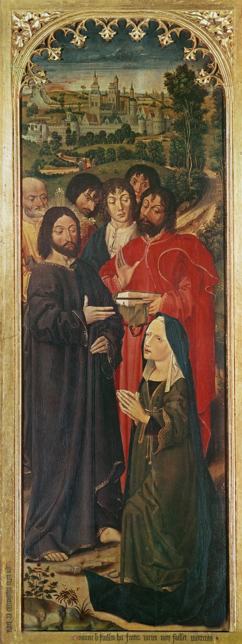 Lasaruksen ylösnousemus Triptyykki, vasemmanpuoleisessa taulussa Martta polvistuu Kristuksen edessä, 1461. tekijältä Nicolas Froment