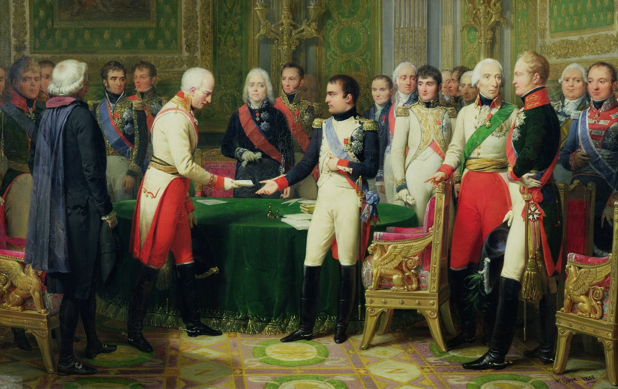 Napoleon I (1769-1821) vastaanottaa Itävallan suurlähettilään paroni Vincentin Erfurtissa 28. lokakuuta 1808, 1838. tekijältä Nicolas Louis Francois Gosse
