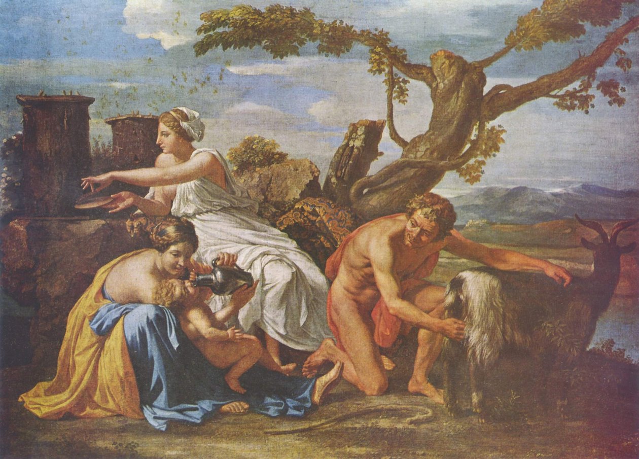 Jupiter ja Kind von der Ziege Amalthea genährt tekijältä Nicolas Poussin