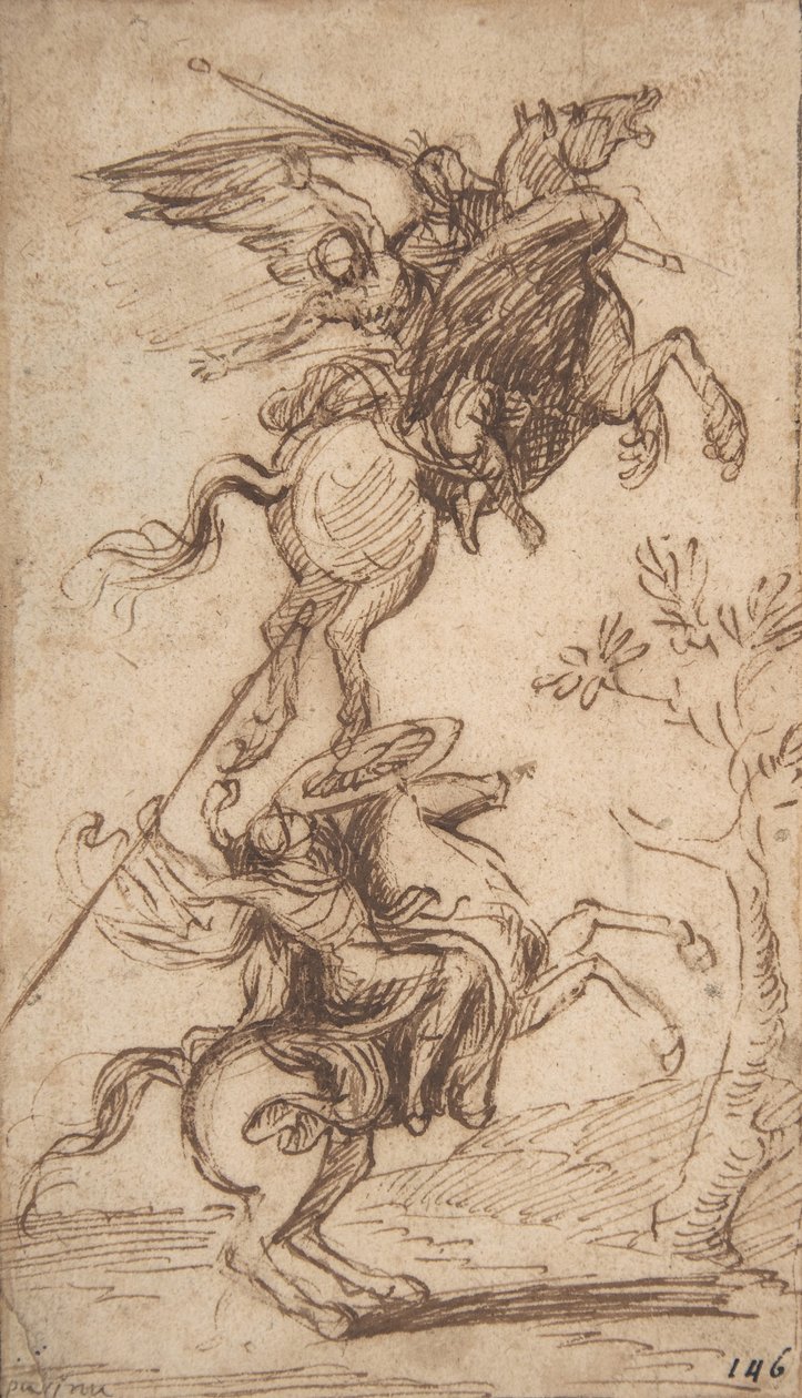 Velho Atlante sieppaa Pinabellon naisen (Ariosto, Orlando Furioso, canto II, 38), noin 1635-38 (kynä ja ruskea muste). tekijältä Nicolas Poussin