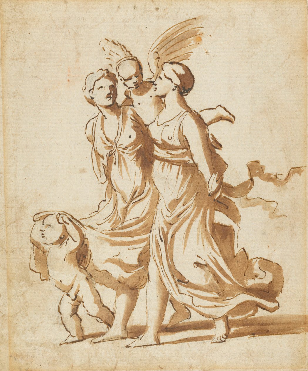Kaksi tyttöä Cupidon saattajana, n. 1625 tekijältä Nicolas Poussin