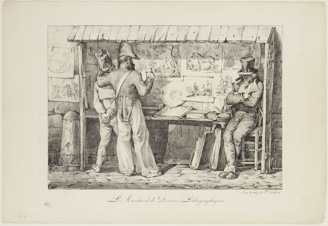 Le marchand de dessins lithographiques, vuosina 1818–1819 (mustalla musteella painettu litopainatus kudospaperille) tekijältä Nicolas Toussaint Charlet