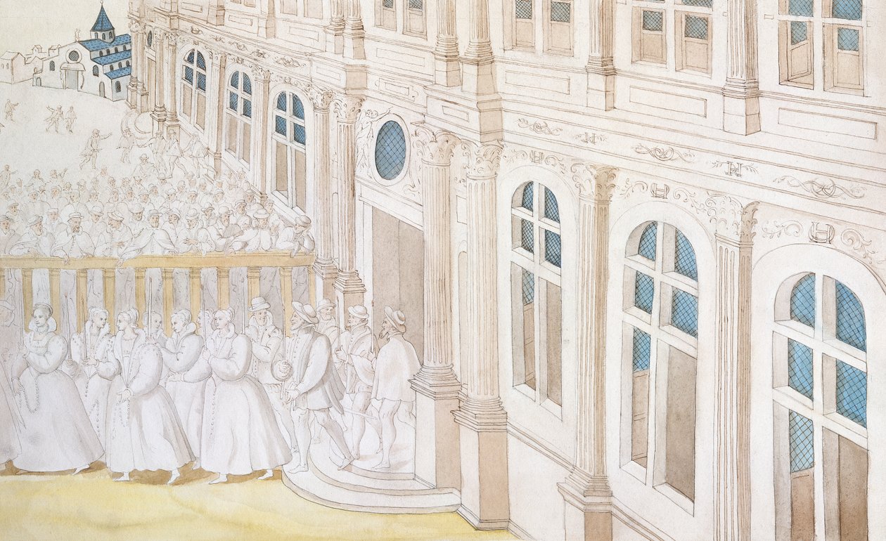 Kuningatar Louise de Lorraine-Vaudemontin (1553-1601) kulkue lähtee Palais du Louvresta Maison de Chariteen, 1584 (kynä ja muste ja wc paperilla) tekijältä Nicolas attr. to Houel