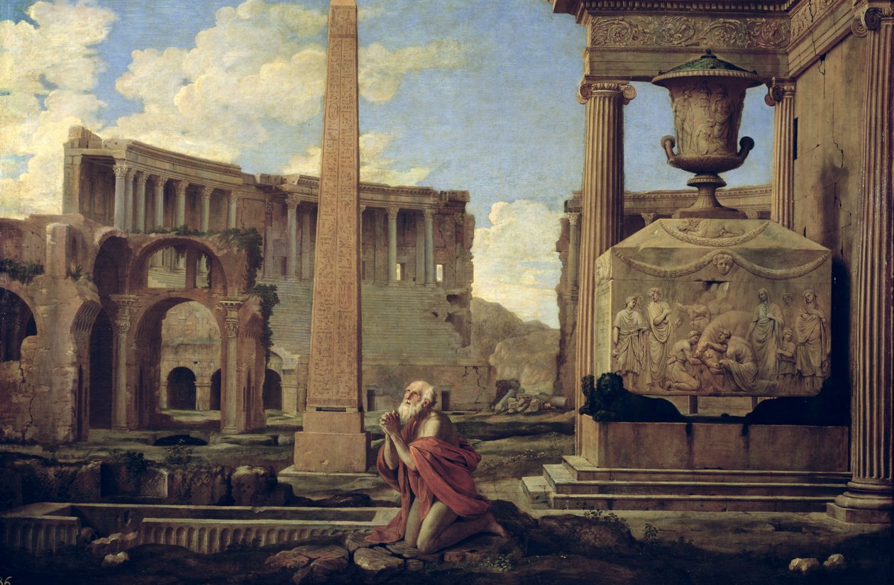 Erakko raunioiden keskellä tekijältä Nicolas Poussin