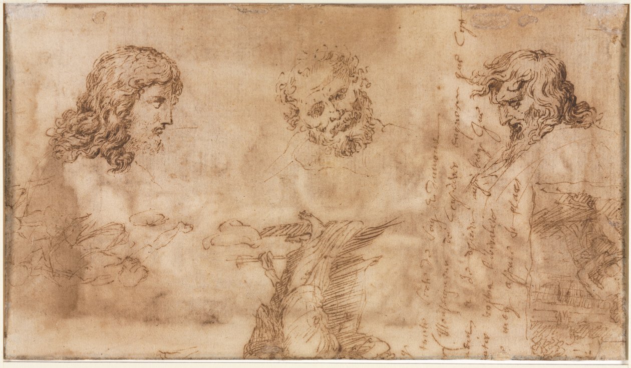Kolme päätä ja muita luonnoksia verso, 1643-1644. tekijältä Nicolas Poussin