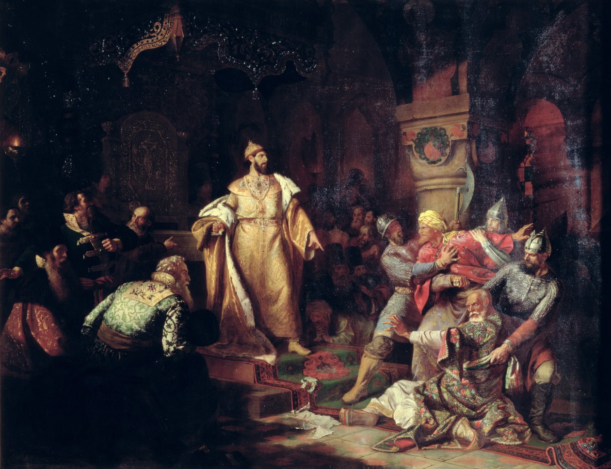 Tsaari Ivan III (1440-1505) Revisi Tatar Khanin teon, 1862 tekijältä Nikolai Semenovich Shustov