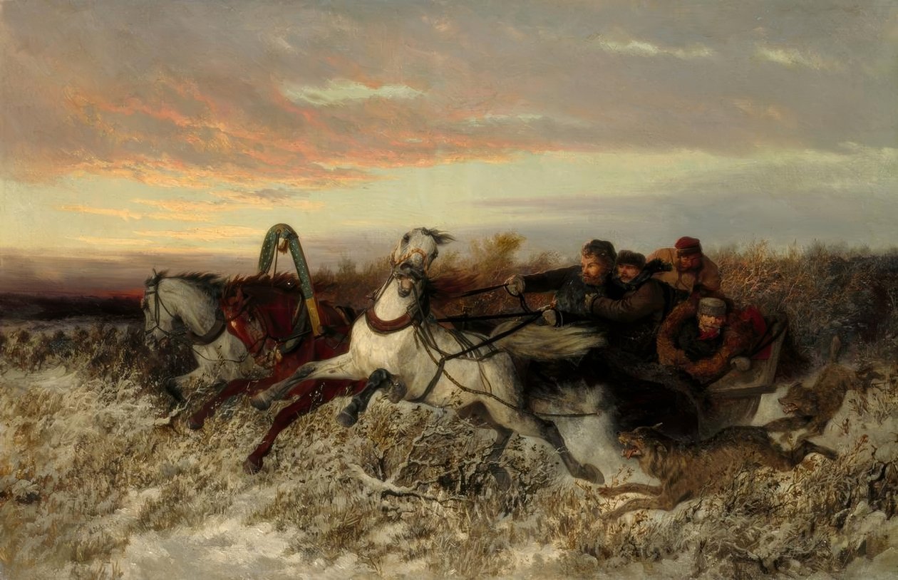 Pferdeschlitten, von Wölfen verfolgt tekijältä Nikolai Jegorowitsch Swertschkow