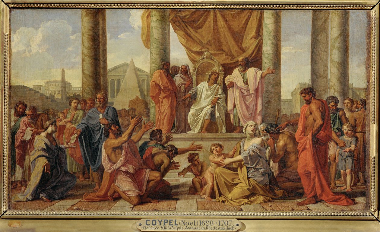 Ptolemaios Filadelfos myöntää juutalaisille vapauden ... tekijältä Noël Coypel