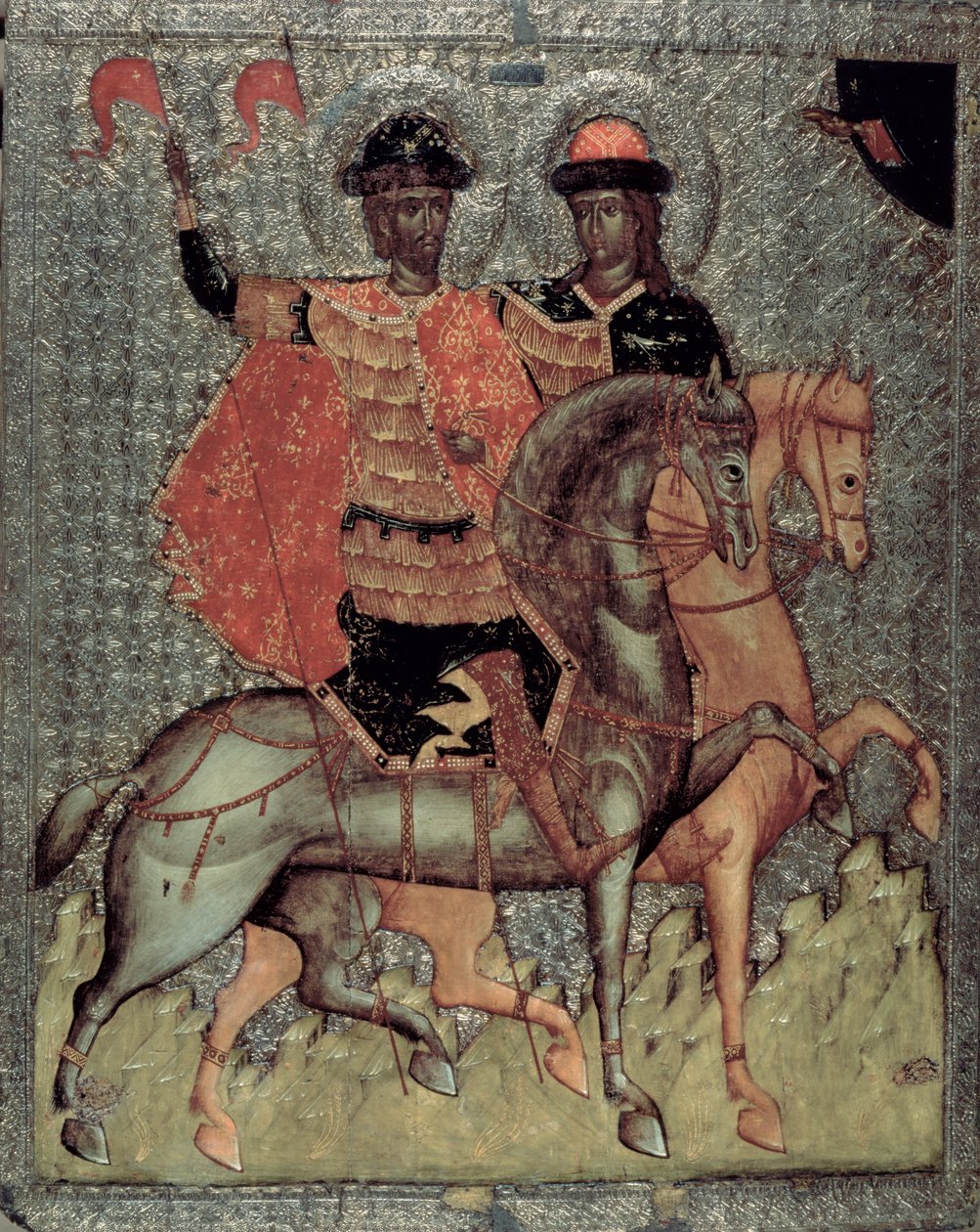 Pyhä Boris ja Pyhä Gleb ratsastettuna, noin 1377 (tempera paneelille). tekijältä Novgorod School