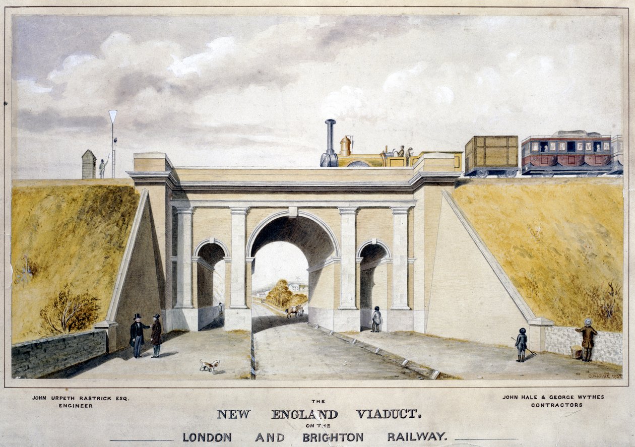 New England Viaduct Lontoon & Brightonin rautatien varrella, 1857 tekijältä O. Warne