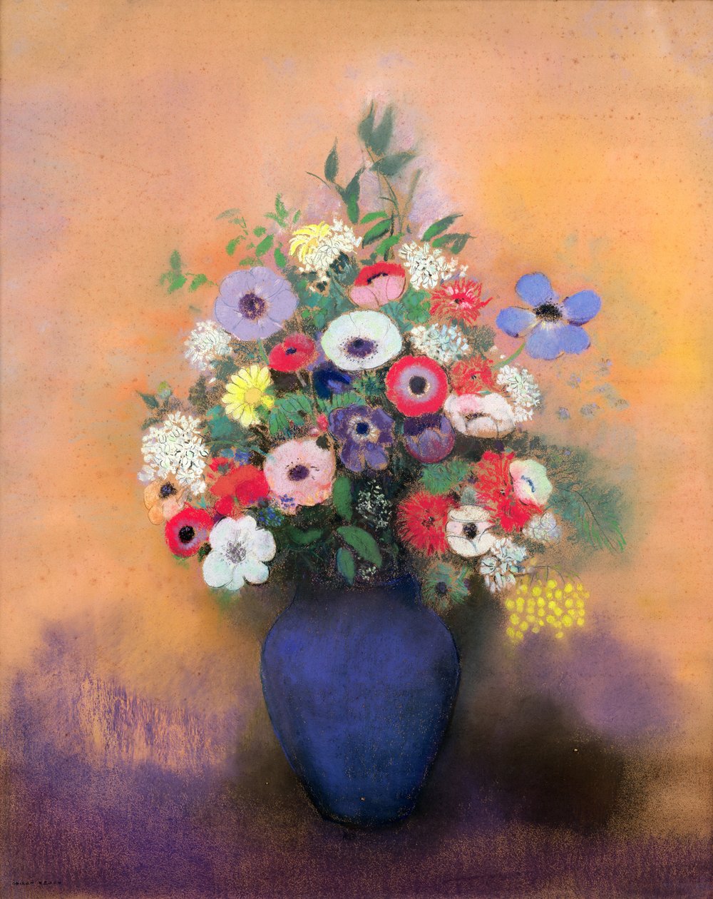Anemones ja lila sinisessä maljakossa, vuoden 1912 jälkeen (pastelli) tekijältä Odilon Redon