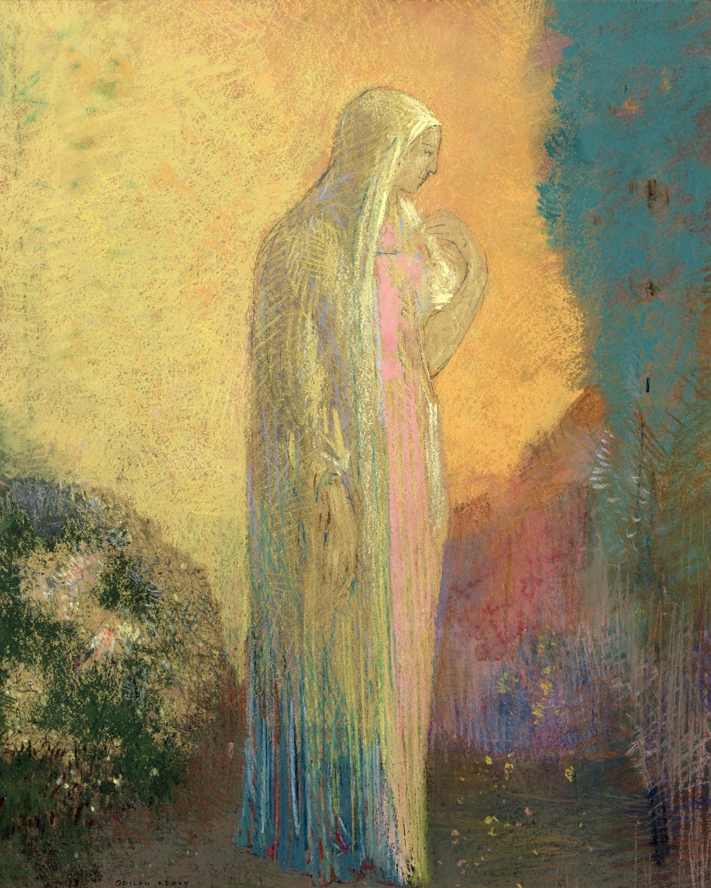 Seisova hunnutettu nainen (pastelli paperille) tekijältä Odilon Redon