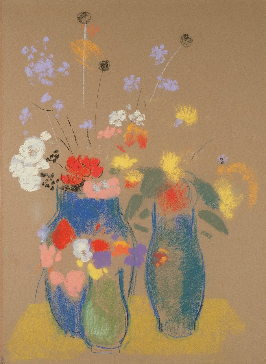 Kolme kukkamaljakkoa, n. 1908-1910 (pastelli paperille) tekijältä Odilon Redon