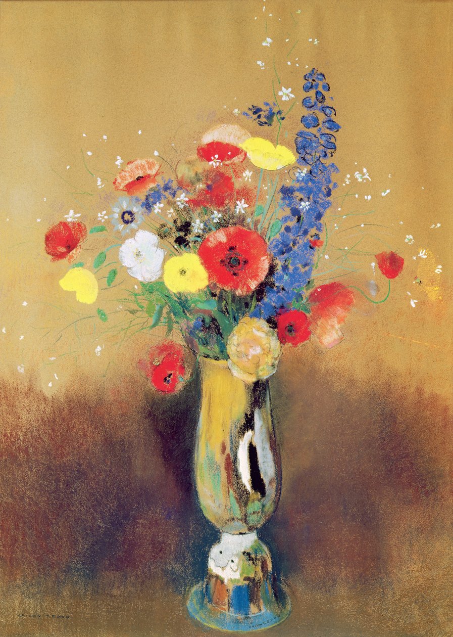 Villikukat pitkäkaulaisessa maljakossa, n. 1912 (pastelli paperille) tekijältä Odilon Redon