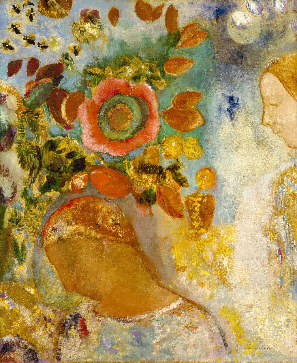 Kaksi nuorta tyttöä kukkien keskellä, 1912 tekijältä Odilon Redon