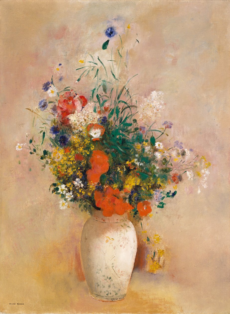 Kukkimaljakko vaaleanpunainen tausta, n. 1906. tekijältä Odilon Redon