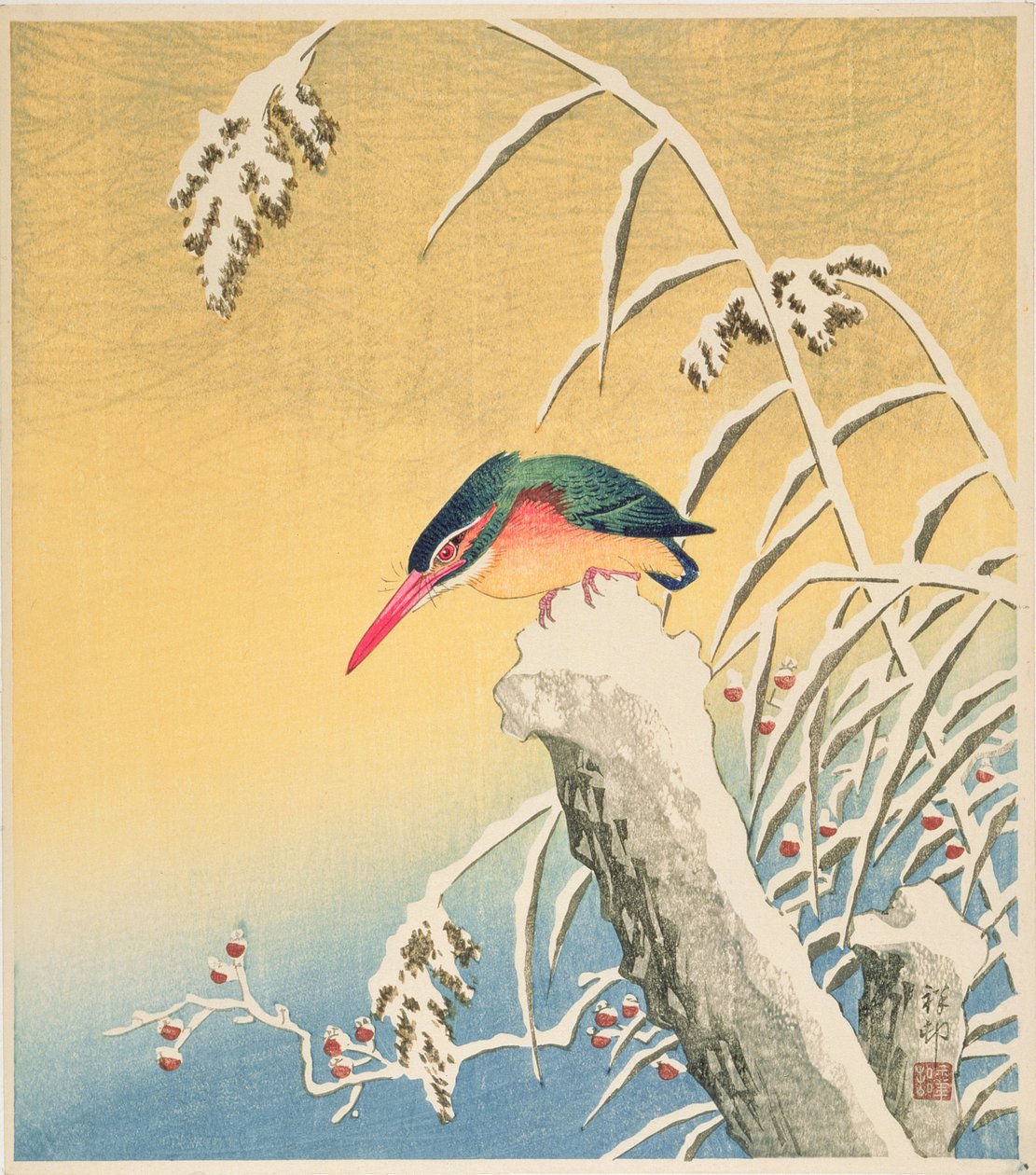 Kingfisher in the Snow, 1935 (värillinen puupalikkaprintti) tekijältä Ohara Koson